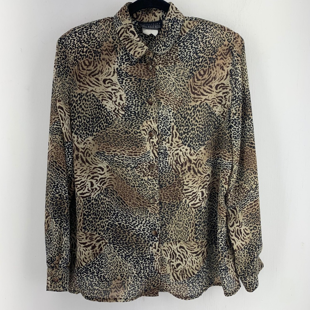 Vtg Miss Alliage Animal Print Button Up Top Mob Wife Sz. 14 Maximalist Safari